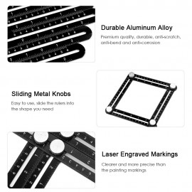 Universal Ruler Aluminum Alloy Multi Angle Measuring Tool Laser Engraved Marking for Professional Builders Craftsmen Engineer DIY-- (6-Sided, Black)